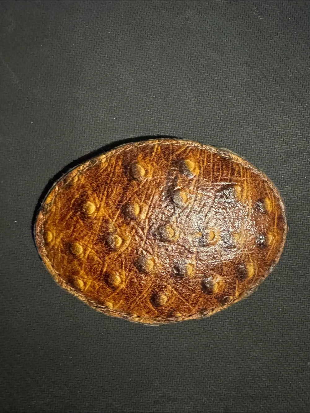 Vintage brown ostrich leather oval western belt buckle